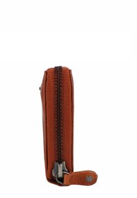 Brown leather wallet with a textured finish, zip closure, and a side loop. Compact design, featuring contrasting stitching along the zipper.