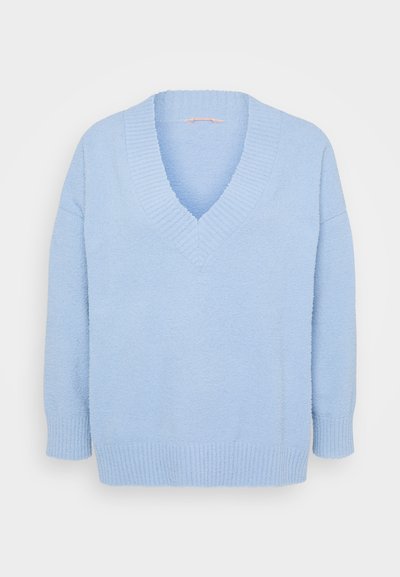 Light blue, loose-fitting sweater with a V-neck, ribbed neckline and hem, made from a soft, textured material. Long sleeves.