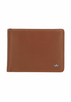 Portefeuille bifold en cuir brun avec coutures visibles et petit logo argenté en bas à droite sur fond blanc.