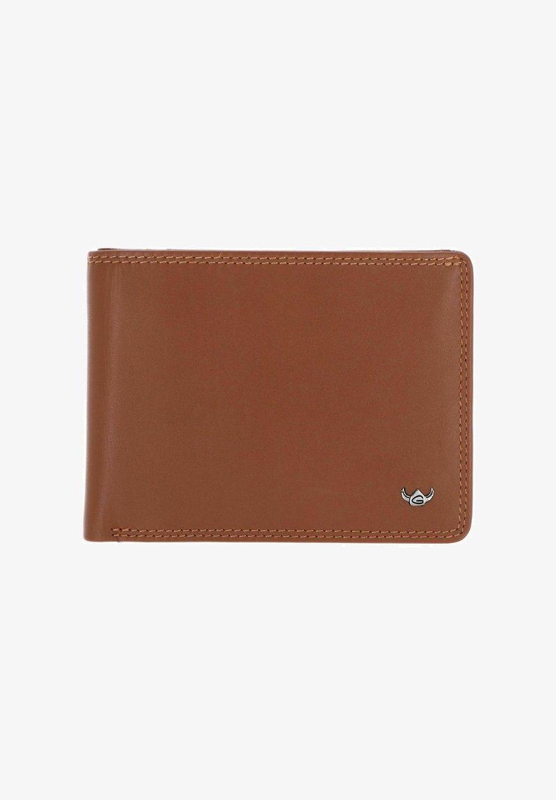 Portefeuille bifold en cuir brun avec coutures visibles et petit logo argenté en bas à droite sur fond blanc.