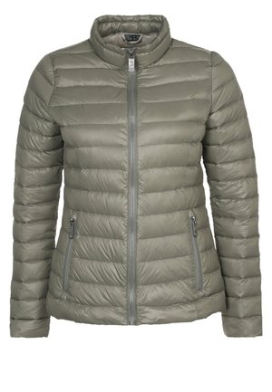 Light gray women's quilted puffer jacket with stand collar, front zipper, and zippered side pockets.