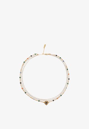 Three-strand delicate necklace with gold chain, multicolored beads, white pearls, and a gold heart pendant with a black center.