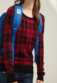 Röd och svart rutig tröja med ribbad halsringning och ärmslut, bärs under en blå ryggsäck med en vit logotyp.