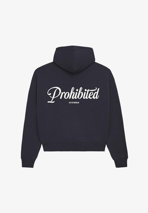Jūras spēku kapuci džemperis ar burtu kombināciju "Aizliegts" baltā kursīva tekstā uz muguras, ar īsāko dizainu un ribotiem piedurkņu un apakšmalas galiem.