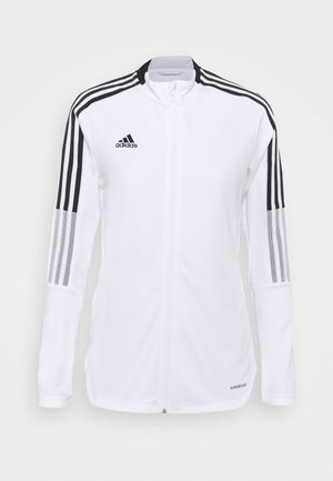 Veste blanche zippée Adidas avec des bandes noires aux épaules et aux bras, logo Adidas sur la poitrine, texte Aeroready près de l'ourlet.