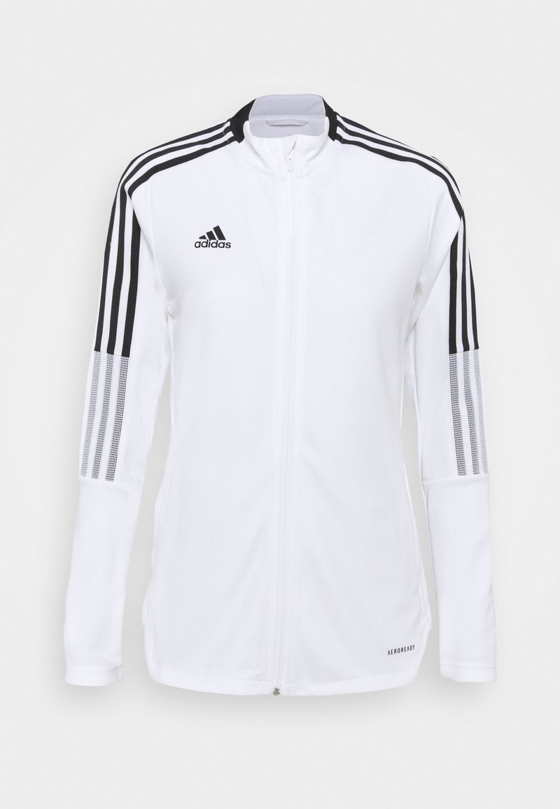 Veste blanche zippée Adidas avec des bandes noires aux épaules et aux bras, logo Adidas sur la poitrine, texte Aeroready près de l'ourlet.