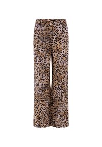 Hlače širokog kroja izrađene od laganog materijala s uzorkom leopard tiska u smeđoj i crnoj boji. Dizajnirane su s prednjim dugmetom i strukom.