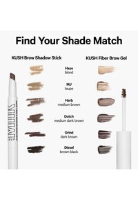 KUSH brow products in six shades from blond to brown black with matching color swatches for shadow stick and fiber brow gel.