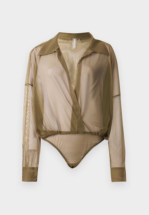 Sheer long-sleeve bodysuit in olive green, featuring a collar, deep V-neck, and a snug fit at the waist with a bodysuit bottom.