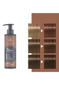 Brun flaska med pump, märkt "Raw Cacao Color Mask." Fyra färgprover för hår: ljust brunt, mellanmörkt brunt, mörkt brunt och chokladtoner.