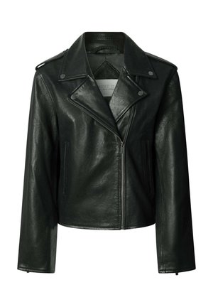 Veste de motard en simili cuir noir avec fermeture éclair asymétrique à l'avant, col à revers et épaulettes.