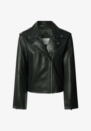 Mustast kunstnahast mootorratturi jakk asümmeetrilise esilukuga, krae ja õlapealsetega.