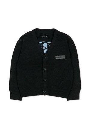 Czarny kardigan z dzianiny, z dekoltem w serek, guziki z przodu, ściągacze na rękawach i dolnym brzegu oraz naszywka z logo na piersi.