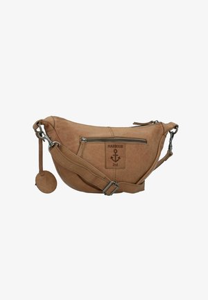 Brown leather crossbody bag with a textured finish, featuring a front zipper pocket and adjustable strap, embossed logo, and circular tag.