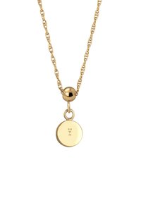 Guldtonet metal halskæde med en rund vedhæng, der har en glat overflade og en lille central kugle. Markeringer: "925" og "Ag" på bagsiden.