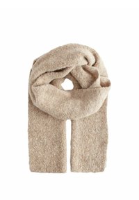 Sciarpa beige con texture realizzata in un materiale morbido e caldo, caratterizzata da un design a cerchio con due estremità lunghe che pendono.