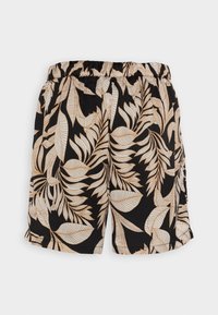 Shorts à taille élastique noire avec des motifs de feuilles tropicales beiges et blanches, conçus pour un usage décontracté.