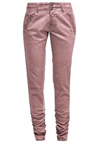 Damast rosa bomullsblandade byxor med smal passform, som har stickade detaljer, ribbade paneler och samlade muddar vid anklarna.