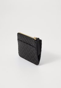 Black textured cardholder, featuring a zip closure and gold hardware. It has a slim design with exterior card slots for easy access.