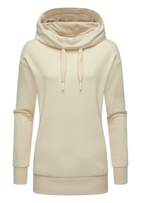 Beige hooded sweatshirt with a high collar, drawstrings, and ribbed cuffs. Soft texture with a minimalist design and small logo detail.
