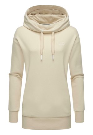 Beige hoodie met een hoge kraag, trekkoorden en geribde manchetten. Zachte textuur met een minimalistisch ontwerp en een klein logo detail.