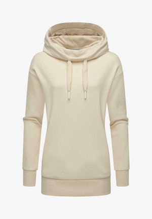 Béžová mikina s kapucí a vysokým límcem, šňůrkami a žebrovanými manžetami. Měkká textura s minimalistickým designem a malým logem.