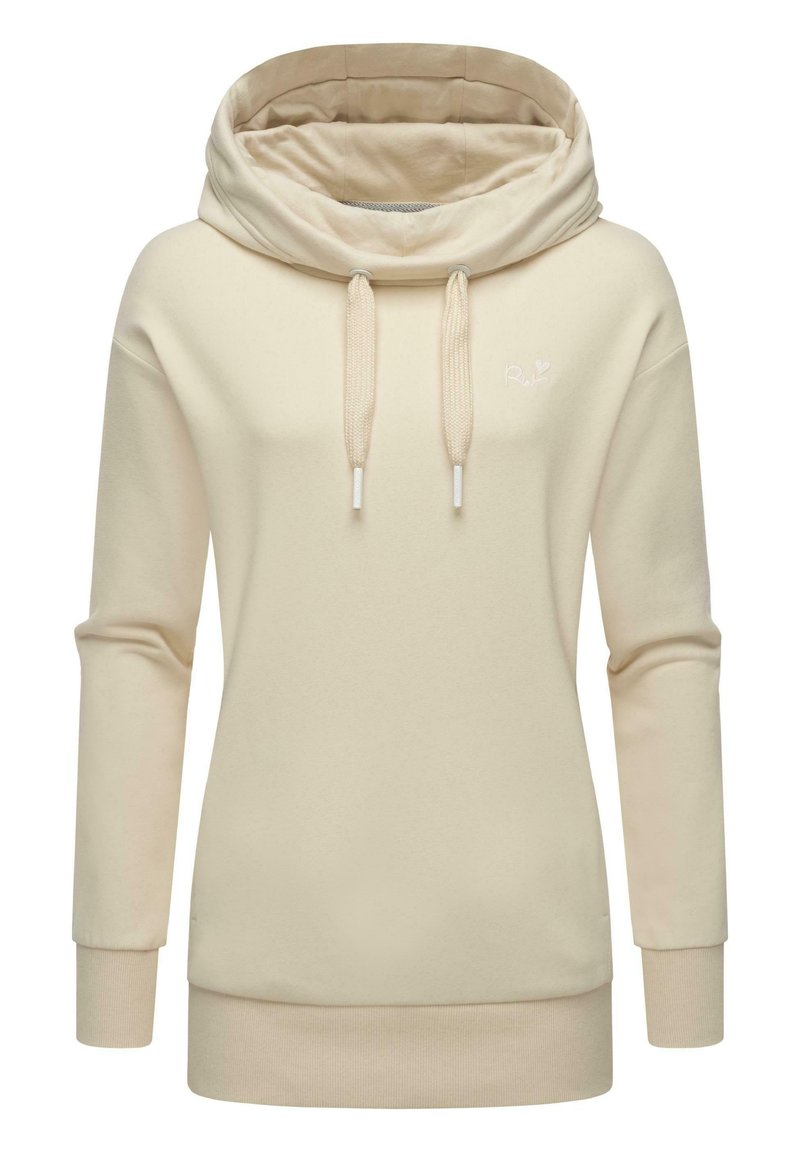 Beige hooded sweatshirt with a high collar, drawstrings, and ribbed cuffs. Soft texture with a minimalist design and small logo detail.