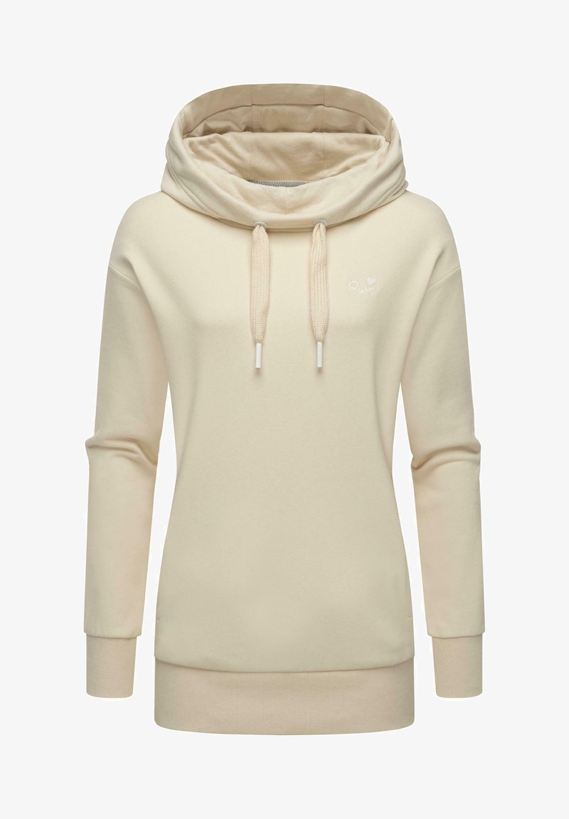 Sudadera beige con capucha y cuello alto, cordones y puños acanalados. Textura suave con un diseño minimalista y un pequeño detalle de logo.