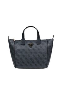 Bolso sintético negro con un patrón geométrico, doble asa, cierre de cremallera y un detalle de logotipo. Forma estructurada con textura suave.