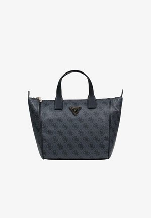 Borsa sintetica nera con motivo geometrico, doppio manico, chiusura a zip e dettaglio logo. Forma strutturata con texture liscia.