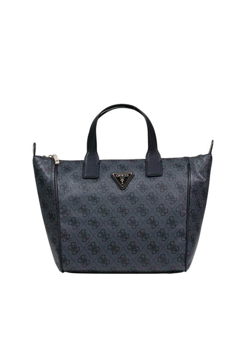 Bolso sintético negro con un patrón geométrico, doble asa, cierre de cremallera y un detalle de logotipo. Forma estructurada con textura suave.