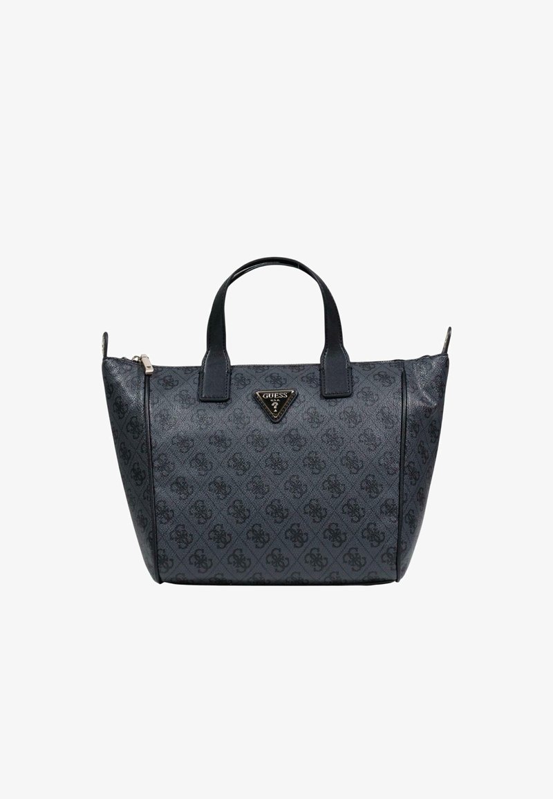 Bolso sintético negro con un patrón geométrico, doble asa, cierre de cremallera y un detalle de logotipo. Forma estructurada con textura suave.