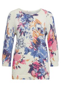 Bloemmotief trui, met tinten van blauw, roze en oranje op een crèmekleurige achtergrond. Gebreide textuur met driekwartmouwen en een ronde halslijn.