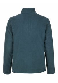 Veste en polaire bleu sarcelle foncé à manches longues et col montant, vue de dos sur un fond blanc.