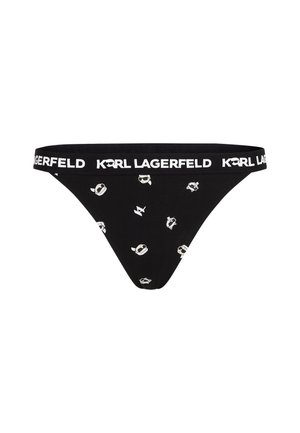 Zwarte stringonderbroek met een witte "KARL LAGERFELD" logo band en kleine herhaalde grafische ontwerpen in lichte kleuren.