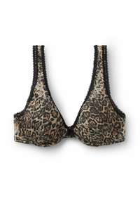 Biustonosz w leopardzie wzory z czarną koronką, z dekoltem w serek, gładkiego materiału i wsparciem w postaci fiszbin dla lepszego kształtu.