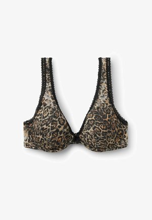 Leopardmuster-BH mit schwarzem Spitzenbesatz, im Plunge-Design, aus glattem Stoff und Unterbruststütze zur Formung.