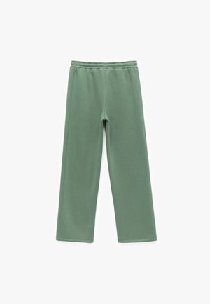 Grüne, weiche Baumwoll-Sweatpants mit einem elastischen Bund, geraden Beinen und ohne sichtbare Muster. Glatte Textur und lässiges Design.