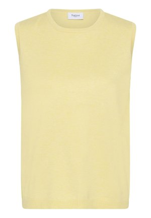 Kollane varrukateta kootud kampsunisärk, joissa on ümmargune kaelus ja Saint-Tropez silt krae sees.