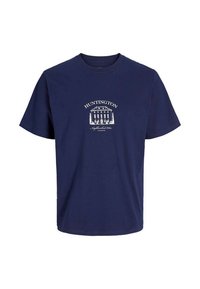 T-shirt en coton bleu marine à manches courtes, avec un imprimé graphique blanc d'un bâtiment et le texte "HUNTINGTON" au-dessus.