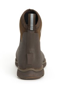 Brown ankle boots with a smooth leather body, textile upper, contrasting gray accents, and a pull tab for easy wear. Rubber sole noted.