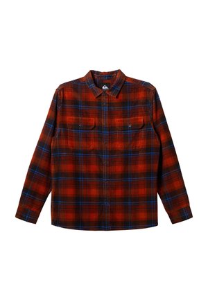 Red and black plaid flannel shirt with blue accents, long sleeves, and two chest pockets. Features button-up front and a collar.