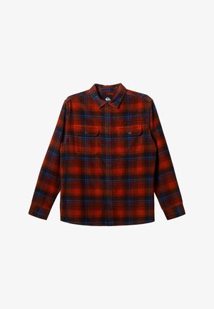 Red and black plaid flannel shirt with blue accents, long sleeves, and two chest pockets. Features button-up front and a collar.