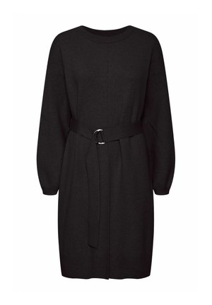 Rochie pulover neagră, confecționată dintr-un material moale, cu guler rotund, mâneci lungi, talie cu brâu și cataramă metalică, având o croială lejeră.