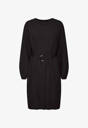 Must vältav must kleit pehme kangaga, ümmarguse kaelusega, pikkade varrukatega, vöökoha peal metallesemega ja lõdva lõikega.