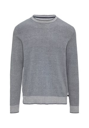 Grijze gebreide trui met een klassieke ronde hals, geribde manchetten en zoom. Gestructureerde stof met subtiele marineblauwe naaddetails.