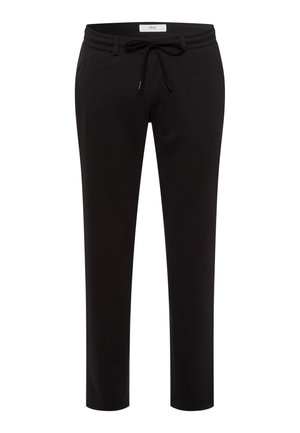 Schwarze Sporthose mit elastischem Bund, Kordelzug, zwei Seitentaschen und einem taillierten Beinansatz. Glatte Stoffoberfläche.