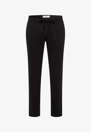 Schwarze Sporthose mit elastischem Bund, Kordelzug, zwei Seitentaschen und einem taillierten Beinansatz. Glatte Stoffoberfläche.