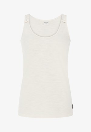 Biały bezrękawnik wykonany z miękkiego materiału, z okrągłym dekoltem i dekoracyjnym przeszyciem na ramionach. Prosty fason, bez wzorów.