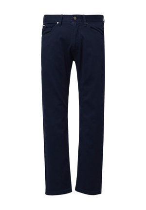Pantaloni in cotone blu navy con taglio dritto, dotati di tasche frontali, chiusura con bottone e dettagli di cuciture sottili.